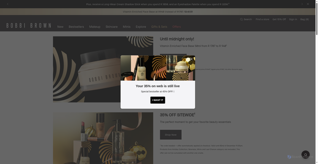 Security scan screenshot of https://www.bobbibrown.co.za/offers-landing-page?_gl=1%2A1fwve45%2A_up%2AMQ..&gclid=EAIaIQobChMI4Z3b9dDYjQMVHKlaBR0DAjYHEAAYASAAEgL-t_D_BwE&gbraid=0AAAAA-sckwVVq2MWvz8RVV0mKP20FvWKZ&lid=zvvu76moskt9&utm_medium=email&utm_source=broadcast&utm_campaign=BAU_ZA_BB_KSM_FLASH_OFFER_2_20251128&utm_content=LAU_ELSE