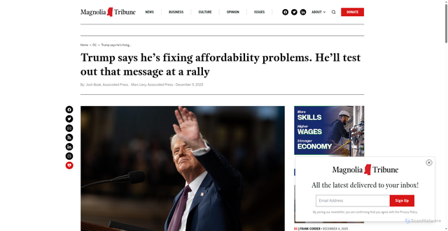 Security scan screenshot of https://magnoliatribune.com/2025/12/09/trump-says-hes-fixing-affordability-problems-hell-test-out-that-message-at-a-rally/