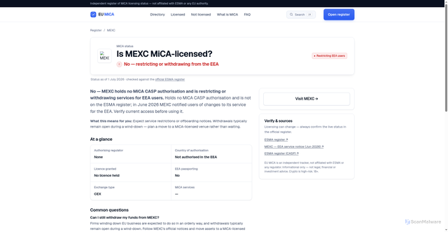 Security scan screenshot of https://eumica.com/exchange/mexc