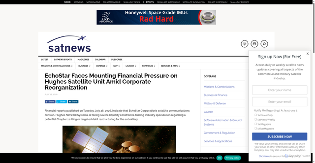Security scan screenshot of https://satnews.com/2026/07/28/echostar-faces-mounting-financial-pressure-on-hughes-satellite-unit-amid-corporate-reorganization/