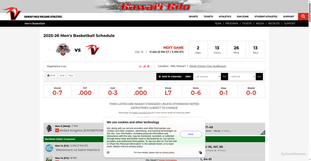 Security scan screenshot of https://hiloathletics.com/sports/mens-basketball/schedule/2025-26