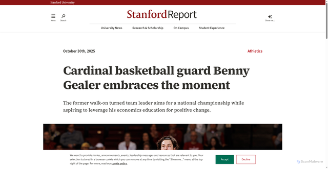 Security scan screenshot of https://news.stanford.edu/stories/2025/10/basketball-guard-benny-gealer