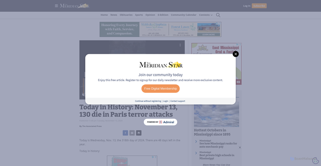 Security scan screenshot of https://meridianstar.com/2024/11/12/today-in-history-november-13-130-die-in-paris-terror-attacks/