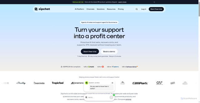 Security scan screenshot of https://zipchat.ai