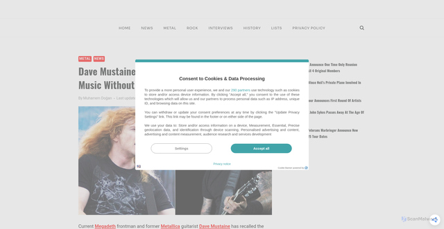 Security scan screenshot of https://www.metalcastle.net/dave-mustaine-crushes-metallica-over-using-his-music-without-permission/
