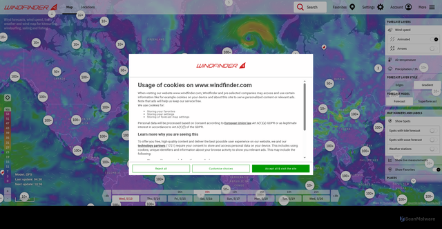 Security scan screenshot of https://tr.windfinder.com