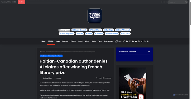Security scan screenshot of https://www.tv360nigeria.com/haitian-canadian-author-denies-ai-claims-after-winning-french-literary-prize/