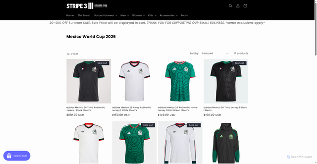 Security scan screenshot of https://www.stripe3.com/collections/mexico-world-cup-2026?srsltid=AfmBOorh8u4TQGkcSkjVeWNz1B-roN-Ftg7t0bwUjbZMrCX3LpsPOp-z