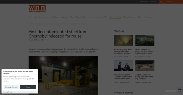 Security scan screenshot of https://world-nuclear-news.org/articles/first-decontaminated-steel-from-chernobyl-released-for-reuse