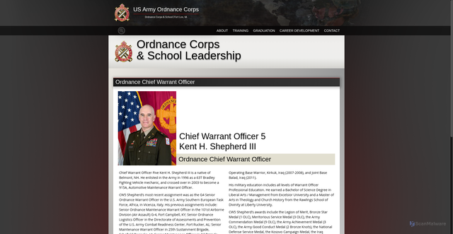 Security scan screenshot of https://goordnance.army.mil/leadership/OD_ChiefWarrantOfficer.html