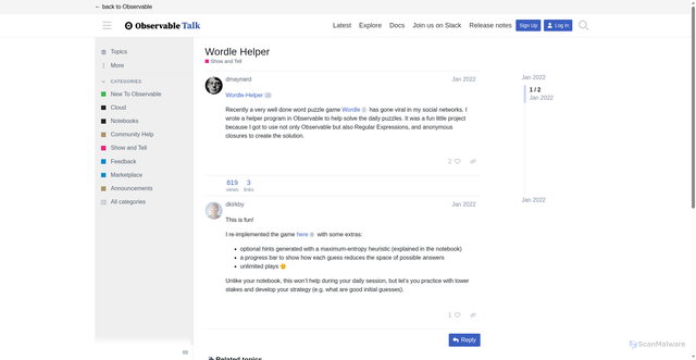 Security scan screenshot of https://talk.observablehq.com/t/wordle-helper/6107