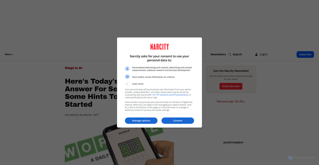 Security scan screenshot of https://www.narcity.com/wordle-answer-467-hint