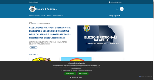 Security scan screenshot of https://www.comune.aprigliano.cs.it/it