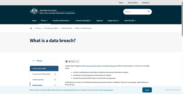 Security scan screenshot of https://www.oaic.gov.au/privacy/your-privacy-rights/data-breaches/what-is-a-data-breach