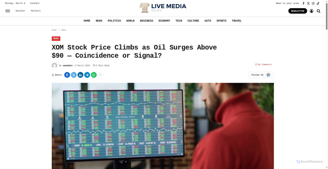 Security scan screenshot of https://www.livemedianews.gr/news/5513/xom-stock-price-climbs-as-oil-surges-above-90-coincidence-or-signal/