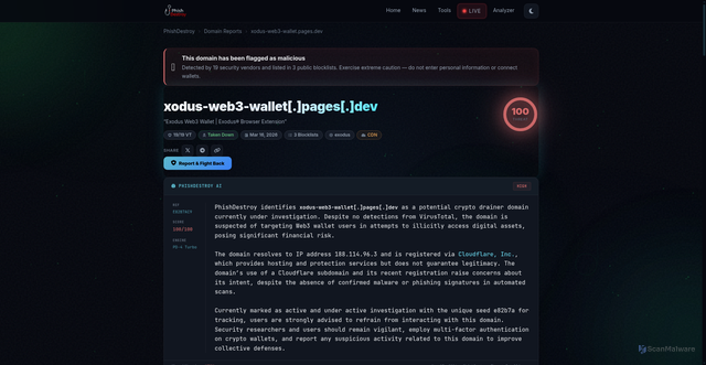 Security scan screenshot of https://phishdestroy.io/domain/xodus-web3-wallet.pages.dev