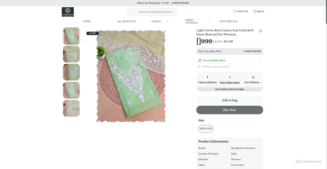 Security scan screenshot of https://handloomclothstore.com/Light-Green-Kota-Cotton-Suit-Unstiched-Dress-Material-For-Womens/catalogue/ezwEpDC6/HQ9FnQeQ