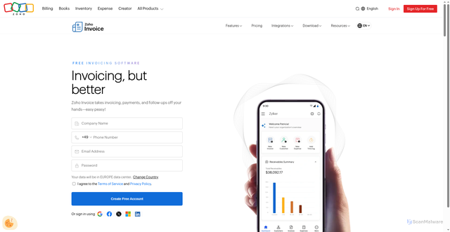 Security scan screenshot of https://www.zoho.com/invoice/?utm_source=product