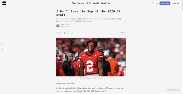 Security scan screenshot of https://thecasualnfldraftanalyst.substack.com/p/i-dont-love-the-top-of-the-2026-nfl
