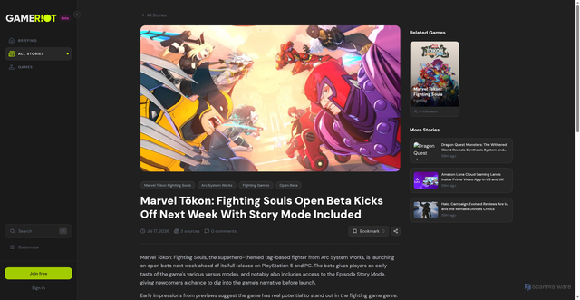 Security scan screenshot of https://www.gameriot.com/stories/marvel-tokon-fighting-souls-open-beta