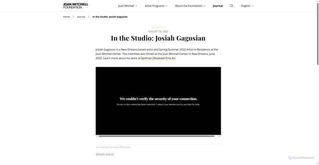 Security scan screenshot of https://www.joanmitchellfoundation.org/journal/in-the-studio-josiah-gagosian