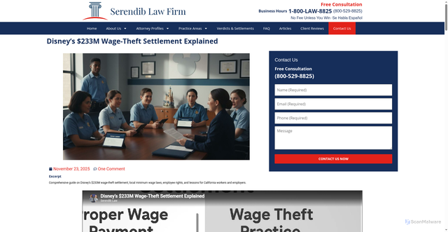 Security scan screenshot of https://www.serendiblaw.com/disney-wage-theft-settlement-guide/