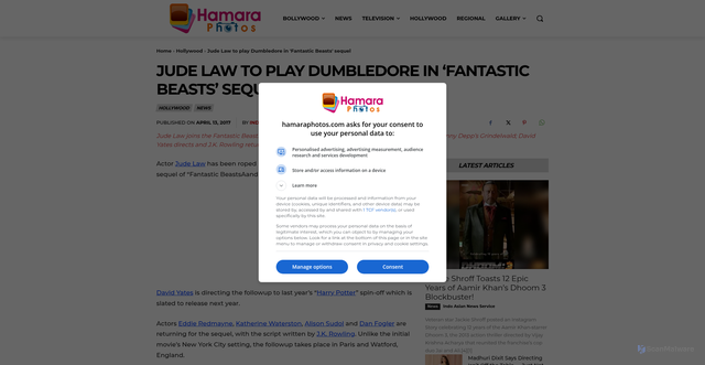 Security scan screenshot of https://hamaraphotos.com/hollywood/jude-law-to-play-dumbledore-in-fantastic-beasts-sequel-4-2.html