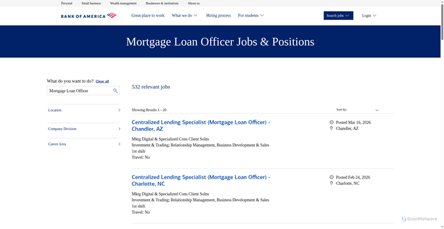 Security scan screenshot of https://careers.bankofamerica.com/en-us/job-search/q-mortgage-loan-officer