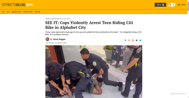 Security scan screenshot of https://nyc.streetsblog.org/2025/08/29/see-it-cops-violently-arrest-teen-riding-citi-bike-in-alphabet-city