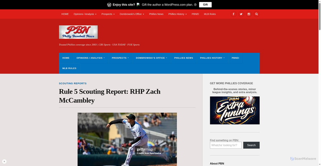 Security scan screenshot of https://phillybaseball.news/2025/12/10/rule-5-scouting-report-rhp-zach-mccambley/
