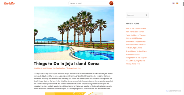 Security scan screenshot of https://tourteller.com/blog/things-to-do-in-jeju-island-korea/