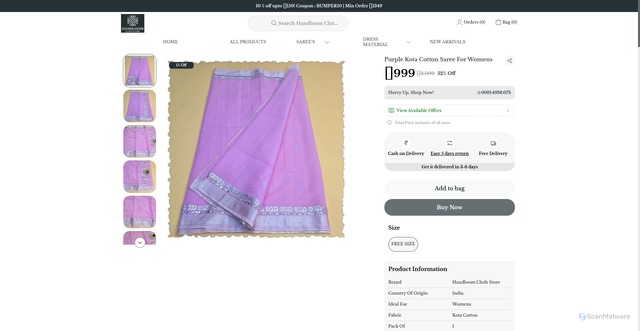 Security scan screenshot of https://handloomclothstore.com/Purple-Kota-Cotton-Saree-For-Womens/catalogue/ZepTl5XZ/QNYuuyxX