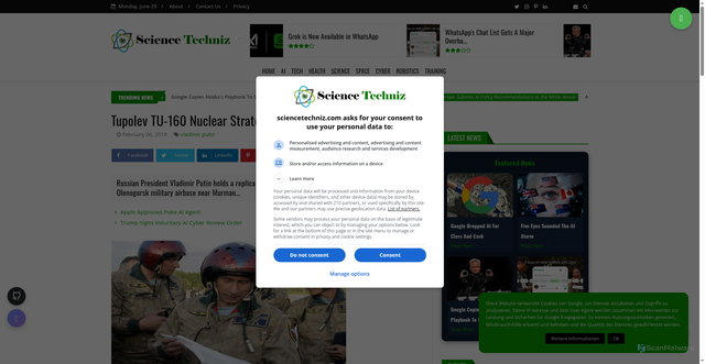 Security scan screenshot of https://www.sciencetechniz.com/2019/02/tupolev-tu-160-nuclear-strategic-bomber.html