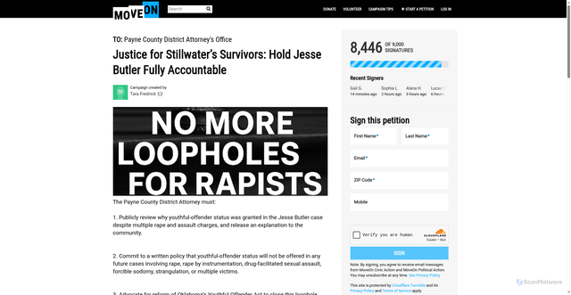 Security scan screenshot of https://sign.moveon.org/petitions/justice-for-stillwater-s-survivors-hold-jesse-butler-fully-accountable