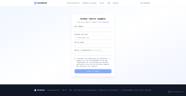 Security scan screenshot of https://bankread.ai/fr/sign-up?plan=pro&interval=month