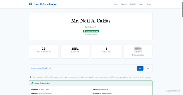 Security scan screenshot of https://mytexasdefenselawyer.com/attorney-profiles/mr-calfas-50511505