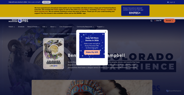 Security scan screenshot of https://www.rmpbs.org/shows/colorado-experience/episodes/ben-nighthorse-campbell-jjrtlv