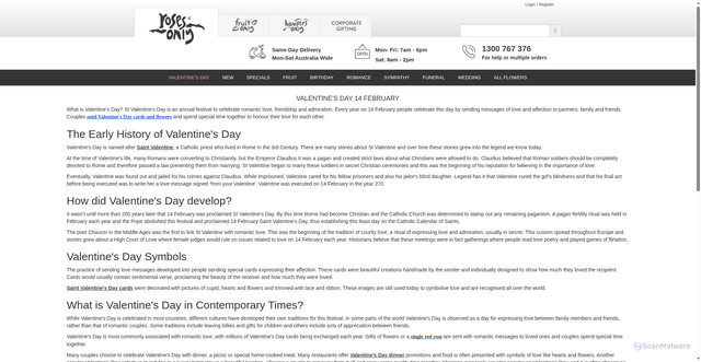 Security scan screenshot of https://www.rosesonly.com.au/what-is-valentines-day?srsltid=AfmBOooWa6eZv0Ed_-vmLF01CmdVH501cHlZCkwcrZna1GPCLcWlDWdC