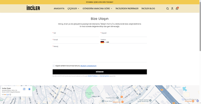 Security scan screenshot of https://incilercicek.live/pages/iletisim