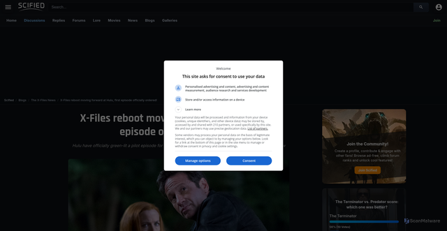 Security scan screenshot of https://scified.com/news/x-files-reboot-moving-forward-at-hulu-first-episode-officially-ordered
