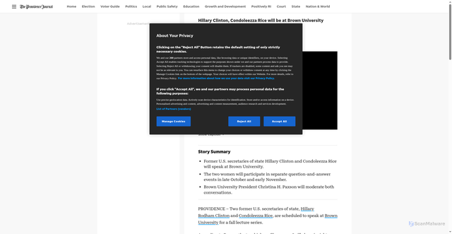 Security scan screenshot of https://www.providencejournal.com/story/news/politics/2025/10/09/hillary-rodham-clinton-and-condoleezza-rice-to-speak-at-brown-university/86603267007/