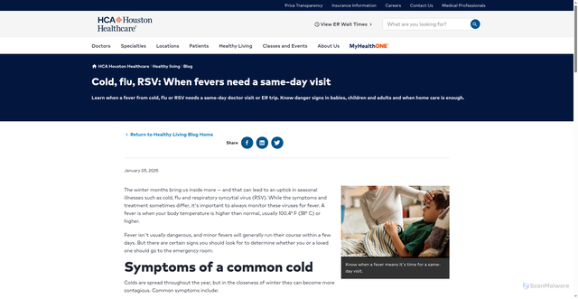 Security scan screenshot of https://www.hcahoustonhealthcare.com/healthy-living/blog/cold-flu-rsv-when-fevers-need-a-same-day-visit