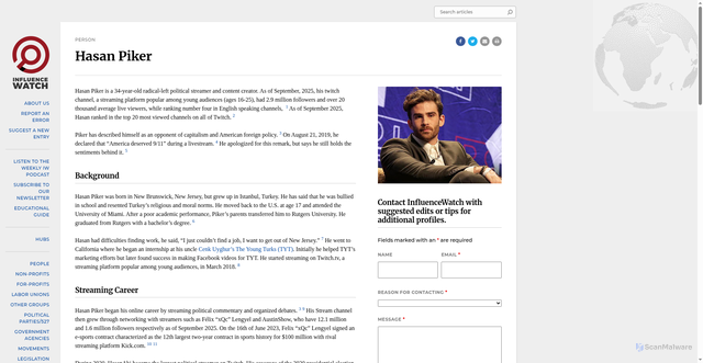 Security scan screenshot of https://www.influencewatch.org/person/hasan-piker/