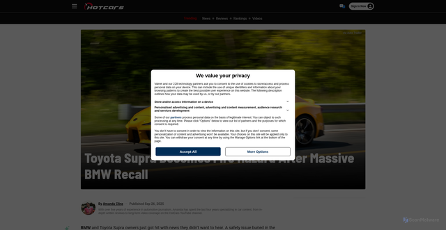 Security scan screenshot of https://www.hotcars.com/toyota-supra-becomes-fire-hazard-bmw-recall/