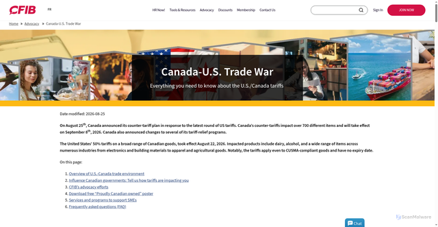 Security scan screenshot of https://www.cfib-fcei.ca/en/site/us-tariffs