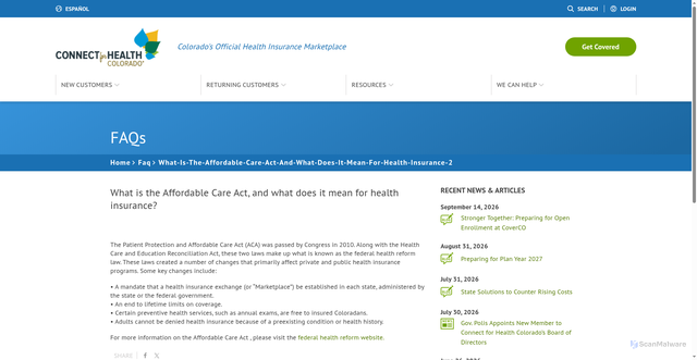 Security scan screenshot of https://connectforhealthco.com/faq/what-is-the-affordable-care-act-and-what-does-it-mean-for-health-insurance-2/