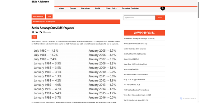 Security scan screenshot of https://billieajohnsonw.pages.dev/calwq-social-security-cola-2025-projected-kwyps/