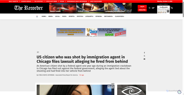 Security scan screenshot of http://www.recordernews.com/ap/national/us-citizen-who-was-shot-by-immigration-agent-in-chicago-files-lawsuit-alleging-he-fired/article_ffebbe84-cfaa-509b-bae0-793847568d01.html