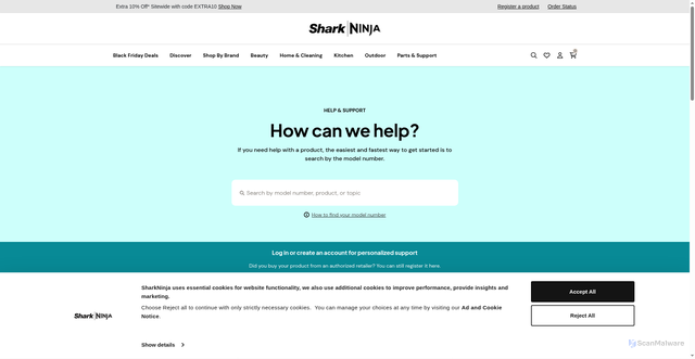 Security scan screenshot of https://support.sharkninja.com/