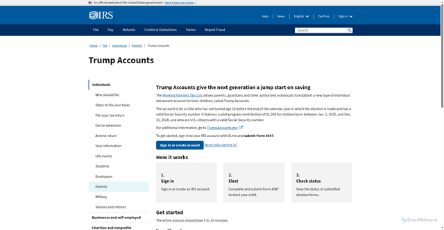 Security scan screenshot of http://irs.gov/TrumpAccounts